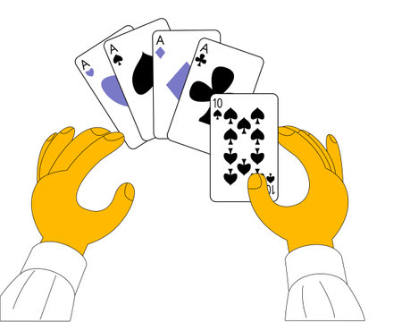 The hands hold a poker combination of playing cards. A combination of Four of a kind. A poker game.のイラスト素材