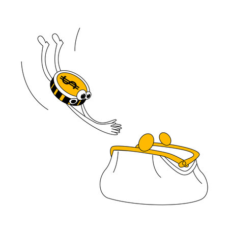 Coin dives into the purse. Vector illustration in cartoon retro style. Illustration on the theme cashback.のイラスト素材