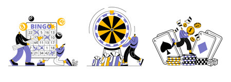 Characters play bingo, wheel of fortune, casino. Drawing of prizes. Vector illustration in linart flat style. Illustration set.のイラスト素材