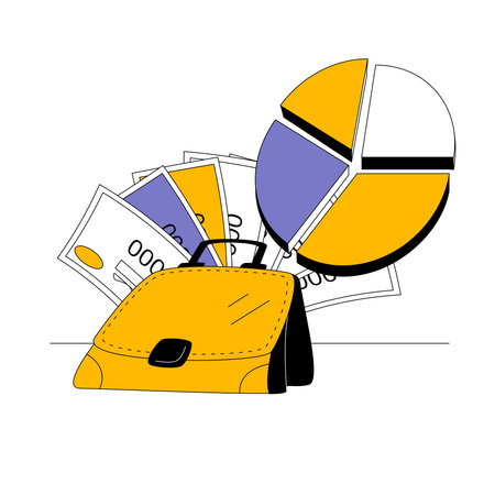 Portfolio of stocks and securities. Portfolio diversification. Vector illustration. Passive income. Pie chart.のイラスト素材