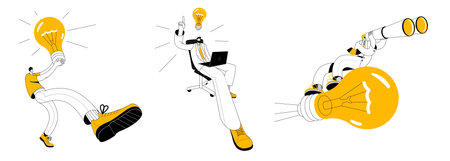 Man with idea, a character looking for idea, man in business clothes flying on light bulb. Set of vector illustrations in linear style. Topic of investor search, development of idea.のイラスト素材