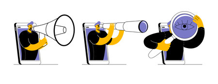 A man in a T-shirt looks through a telescope from a smartphone, shouts into a megaphone, looks through a magnifying glass. Set of vector icons on the topic of online search or strategic planning.のイラスト素材