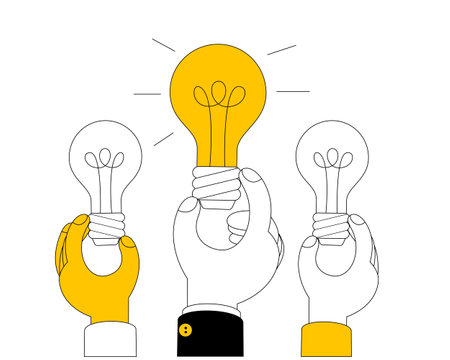 Hands with light bulbs. Vector illustration in linear style. Big idea, brainstorming, idea development.のイラスト素材