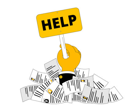 The hand asks for help. A hand in a pile of documents holds a sign with an inscription. Vector illustration in sketch style.のイラスト素材