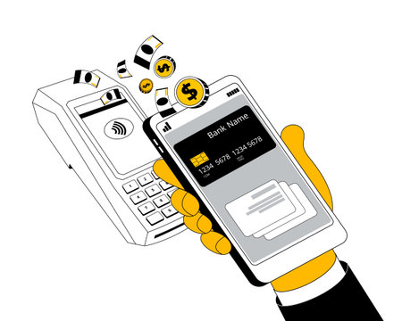 A hand with a phone makes a payment in the terminal. Illustration on the topic of quick transfers by phone number. Horizontal banner.のイラスト素材