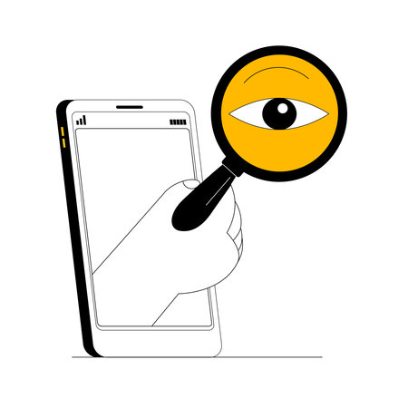 Smartphone hand holding a huge magnifying glass. Vector illustration. Smartphone assistant in searching for necessary online and offline information.のイラスト素材