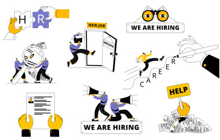 A set of vector illustrations on the topic of team building and human resource management. The HR department forms a team. Fun cartoon style.のイラスト素材