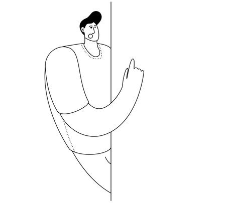 Man pointing his finger at something important. Vector illustration to attract attention. Cartoon outline style. Design elementのイラスト素材