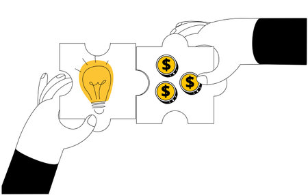 Hands with puzzle pieces connecting idea and budget. Vector illustration in line style. Big idea, brainstorming, idea development.のイラスト素材