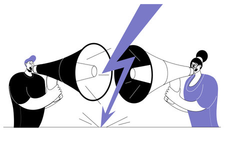 A man and a woman are arguing in megaphones. Vector illustration in outline style on the theme of equality between men and women.のイラスト素材
