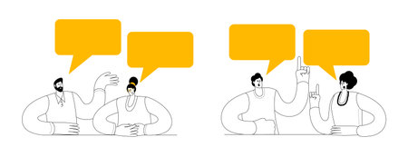 Characters discussing something. People having a dialogue. Vector illustration on the theme of dialogue art. Simple cartoon style.のイラスト素材