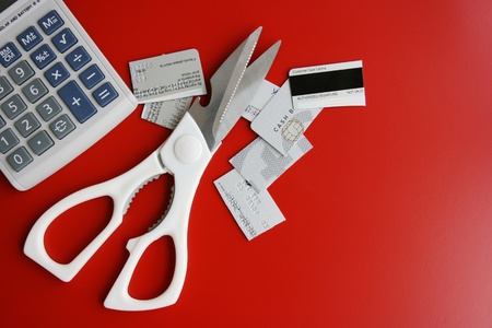 Cut credit card,scissors and calculatorの写真素材