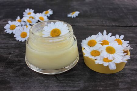 Natural chamomile face cream and fresh daisy flowers on dark rustic wooden background. Homemade beauty product. Organic cosmetic and self-care concept. Top view, copy space.の写真素材
