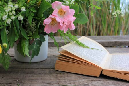 Open book and bouquet of pink rose hips, yellow buttercups and wildflowers in a white enamel cup on a rough wooden pier on the river. Summer still life outdoorsの写真素材