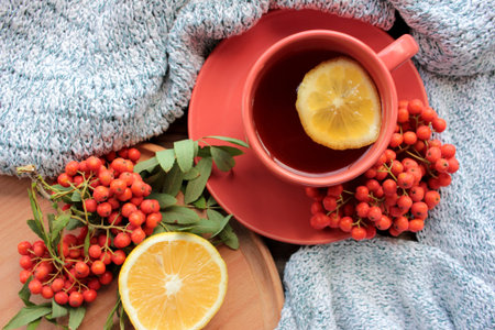 Cup of tea with lemon, red rowan berries and knitted sweater on wooden table. Cozy autumn...