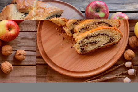 Slices of poppy seed pie on round wooden board with whole walnuts and red apples. Top view,...