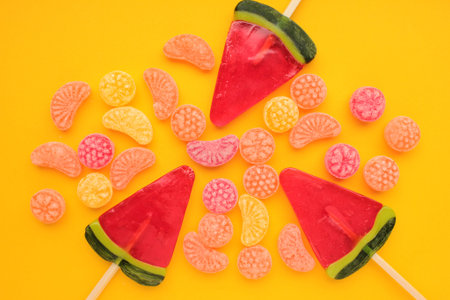 Sweet fruit hard candies background. Overhead view of colorful caramel assortment.