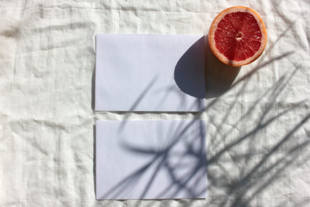 Summer still life with half of grapefruit and blank paper card on white fabric background....