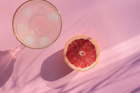 Wide glass of pink beverage with ice cubes and slice of grapefruit on pink background. Fruity refresh cocktail on colored backdrop. Hard light. Palm leaves shadow. Top view. Summer party conceptの写真素材