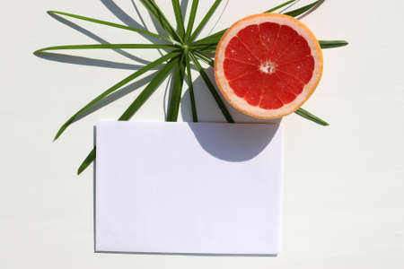 Summer stationery still life with grapefruit slices and blank paper card on white desk background. Invitation mockup with citrus fruit. Hard light, shadow. Top view, copy space. Flat lay compositionの写真素材