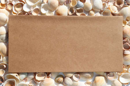 Summer stationery still life with blank Kraft envelope on seashells background. Mockup invitation paper card. Hard light. Sunny day. Frame with shellsの写真素材