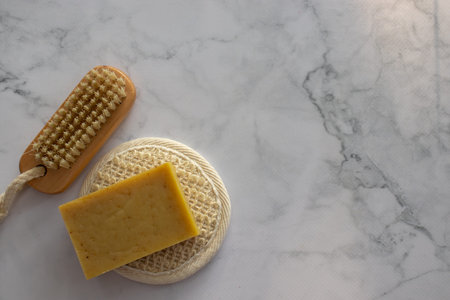 Set of products for self-care, beauty, relaxation. Aroma candle, brush, organic herbal soap, facial...