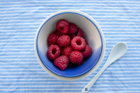 Raspberries in a blue bowl on a blue striped tablecloth.