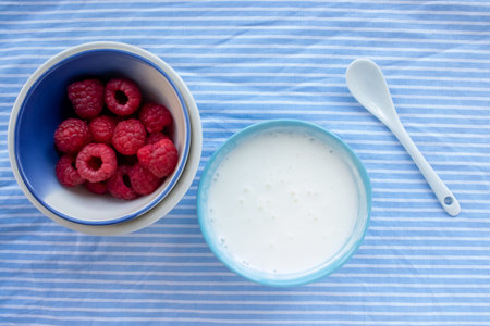 yogurt with raspberries in a blue bowl on a blue striped tablecloth