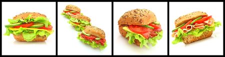 Collage of many different fresh sandwichs with cheese or hamの写真素材