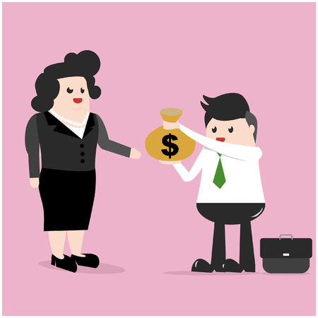 Vector illustration business concept. Boss give a money bag to the employee as a bonus. Awards for sales target success.のイラスト素材