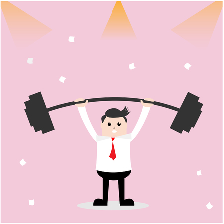 Vector illustration business concept. Cartoon Businessman lifting a heavy barbell, have lighting and paper is element.のイラスト素材