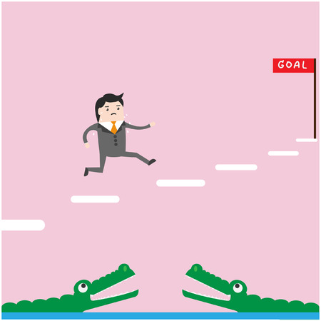 Businessman jumps on the board above the sea. There are crocodiles on the bottom. Obstacle before the destination.のイラスト素材