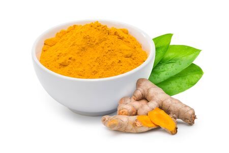 Fresh Turmeric and turmeric powder in white bowl with leaf on white background. Clipping path.の写真素材