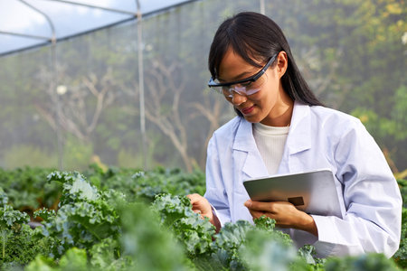 Geneticists, biologists, and scientists are studying the genetic structure of vegetables in a greenhouse.の写真素材