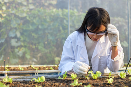 The female botanist, geneticist, or scientist is working in greenhouses full of plants.の写真素材