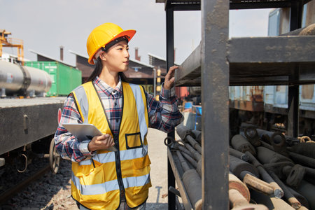A female factory worker wearing a yellow vest and helmet is holding a tablet to inspect and discard any material that has deteriorated outside the warehouse. Industrial waste management.の写真素材