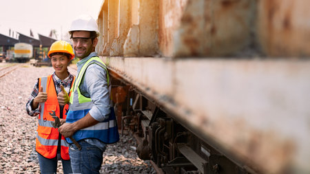 Portrait of two Railway engineers or rail machine technicians standing and smiling outdoors with the freight train. Concept of Successful handyman and transportation of goods and hard industry.の写真素材