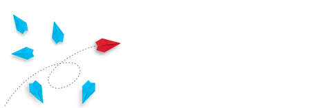 Concepts of new strategy, creativity, different opinions, and new innovation. Photographs of red origami paper plane flew apart from the group on a blue background with copy space.の写真素材