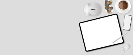 Personal finance ideas, Financial and investment planning concept, money saving. Copy space for insert text, banner size. flat layの写真素材