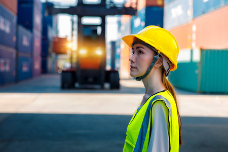 A Female Russian warehouse engineer wearing protective clothing and a hard hat stands working between containers. She was counting the number of containers while the forklift was working in the back.の写真素材