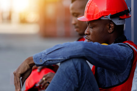 Industrial workers lost their jobs because of the economic downturn. A group of African-American factory engineers or laborers sits saddened by the news of the layoffs.の写真素材
