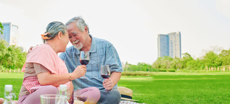 Retired couple having a picnic on the lawn in a natural park. The concept of aging society, living and maintaining physical and mental health after retirement.の写真素材
