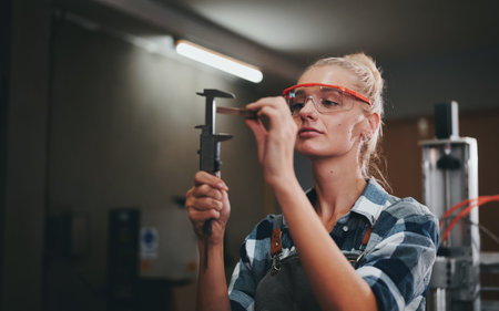 Woman carpenter craftsman wearing apron and eye protection measuring wooden planks in wood workshop.の写真素材