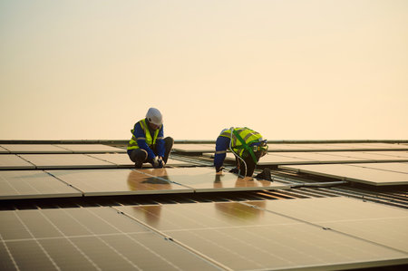 Skilled solar panel installers wearing protective gear and helmets are doing installation work on the roof.の写真素材