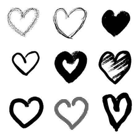 Set of nine hand drawn heart. Handdrawn rough marker hearts isolated on white background. Vector illustration for your graphic designのイラスト素材