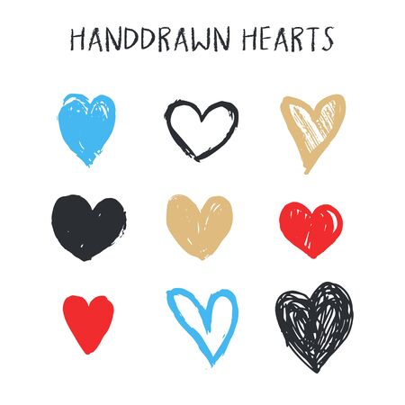 Set of nine hand drawn heart. Handdrawn rough marker hearts isolated on white background. Vector illustration for your graphic designのイラスト素材
