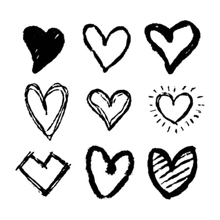 Set of nine hand drawn heart. Handdrawn rough marker hearts isolated on white background. Vector illustration for your graphic designのイラスト素材