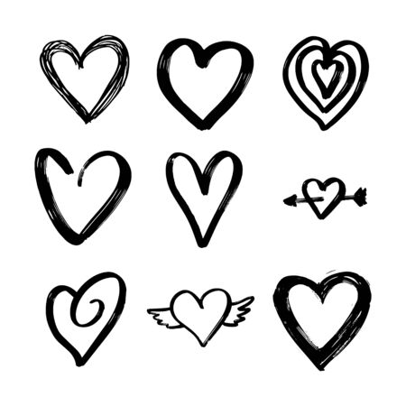 Set of nine hand drawn heart. Handdrawn rough marker hearts isolated on white background. Vector illustration for your graphic designのイラスト素材