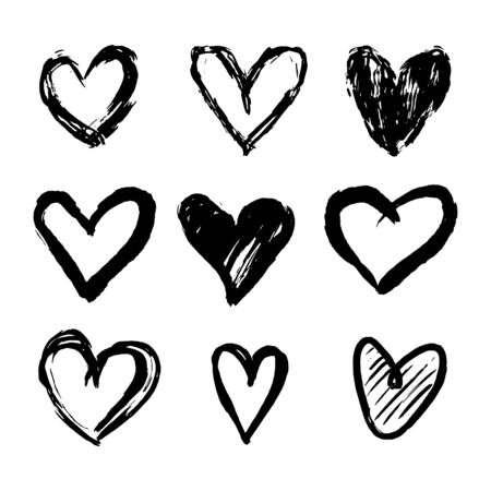 Set of nine hand drawn heart. Handdrawn rough marker hearts isolated on white background. Vector illustration for your graphic designのイラスト素材