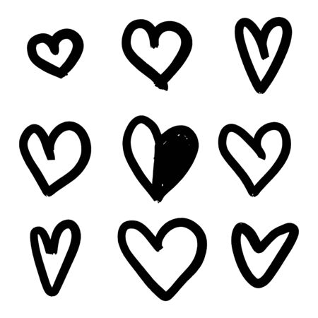 Set of nine hand drawn heart. Handdrawn rough marker hearts isolated on white background. Vector illustration for your graphic designのイラスト素材